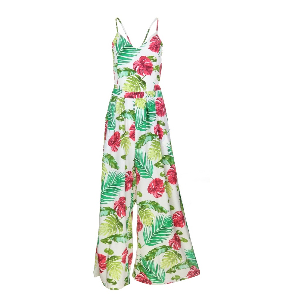 Floral Wide Leg Backless White red Jumpsuit romper - Picture 4 of 8